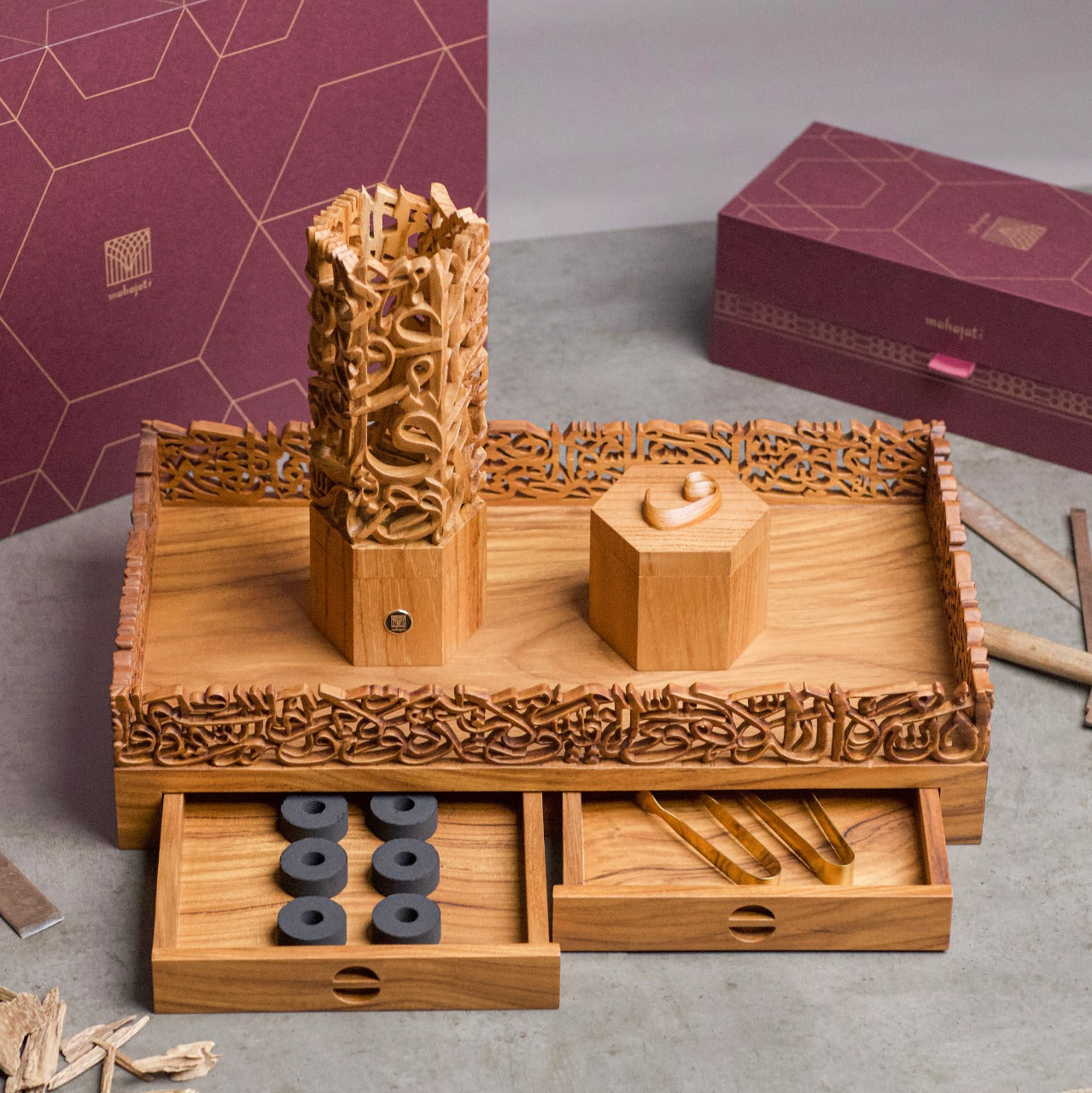 Handmade Tray for Incense Holder / Oud Burner and Bakhoor Box. This hand-carved calligraphy wooden tray is embellished with the blessed Ayatul Kursi.