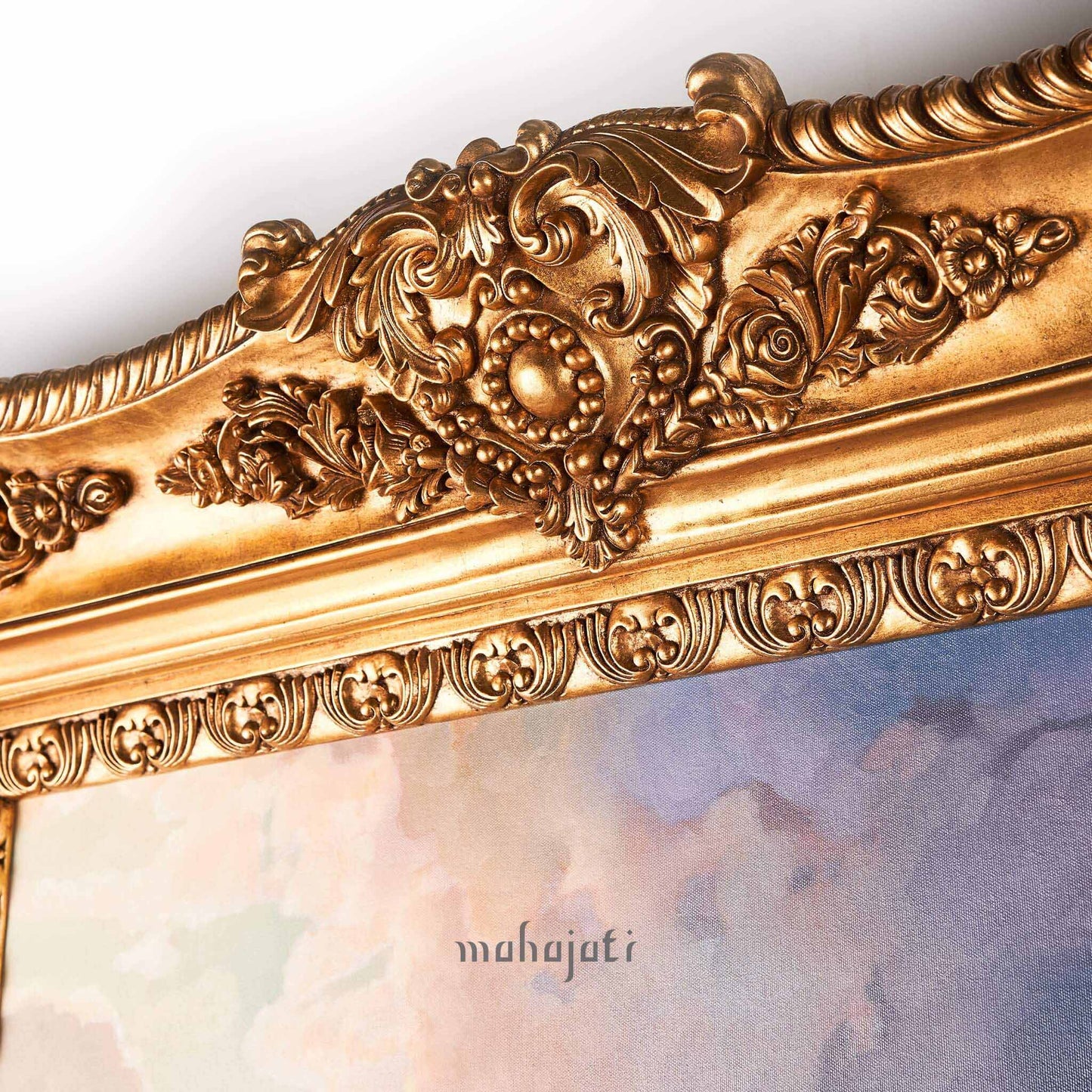 Close-up of hand-carved teak wood frame for customized oil painting by Mahajati